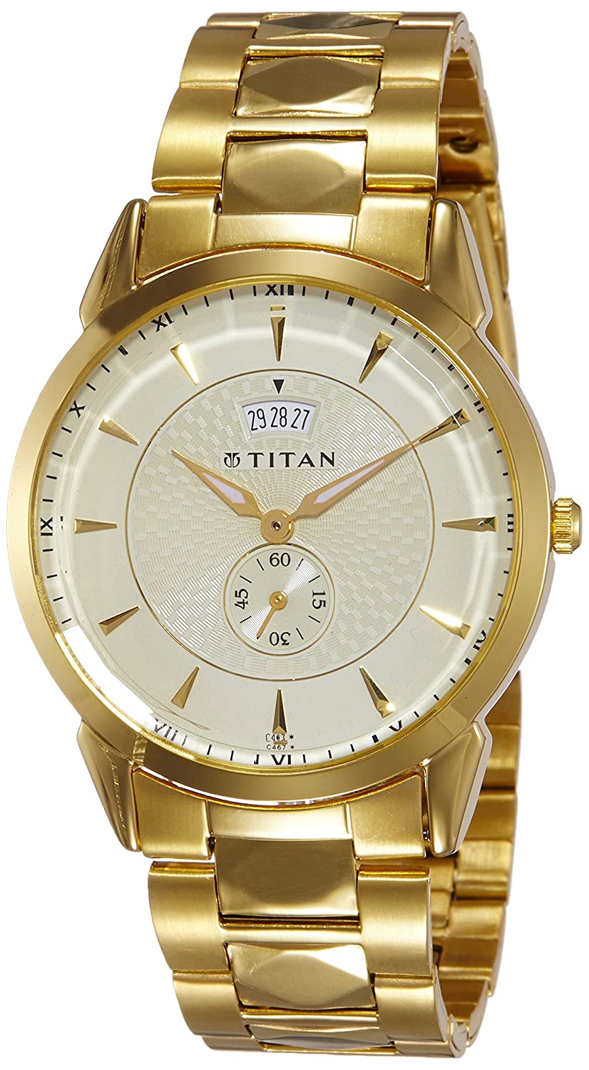 Titan Analog Gold Dial Men Watch 1521YM02 | Stainless Steel | Mesh Strap | Water-Resistant | Minimal | Quartz Movement | Lifestyle | Business | Scratch-resistant | Fashionable | Halabh.com