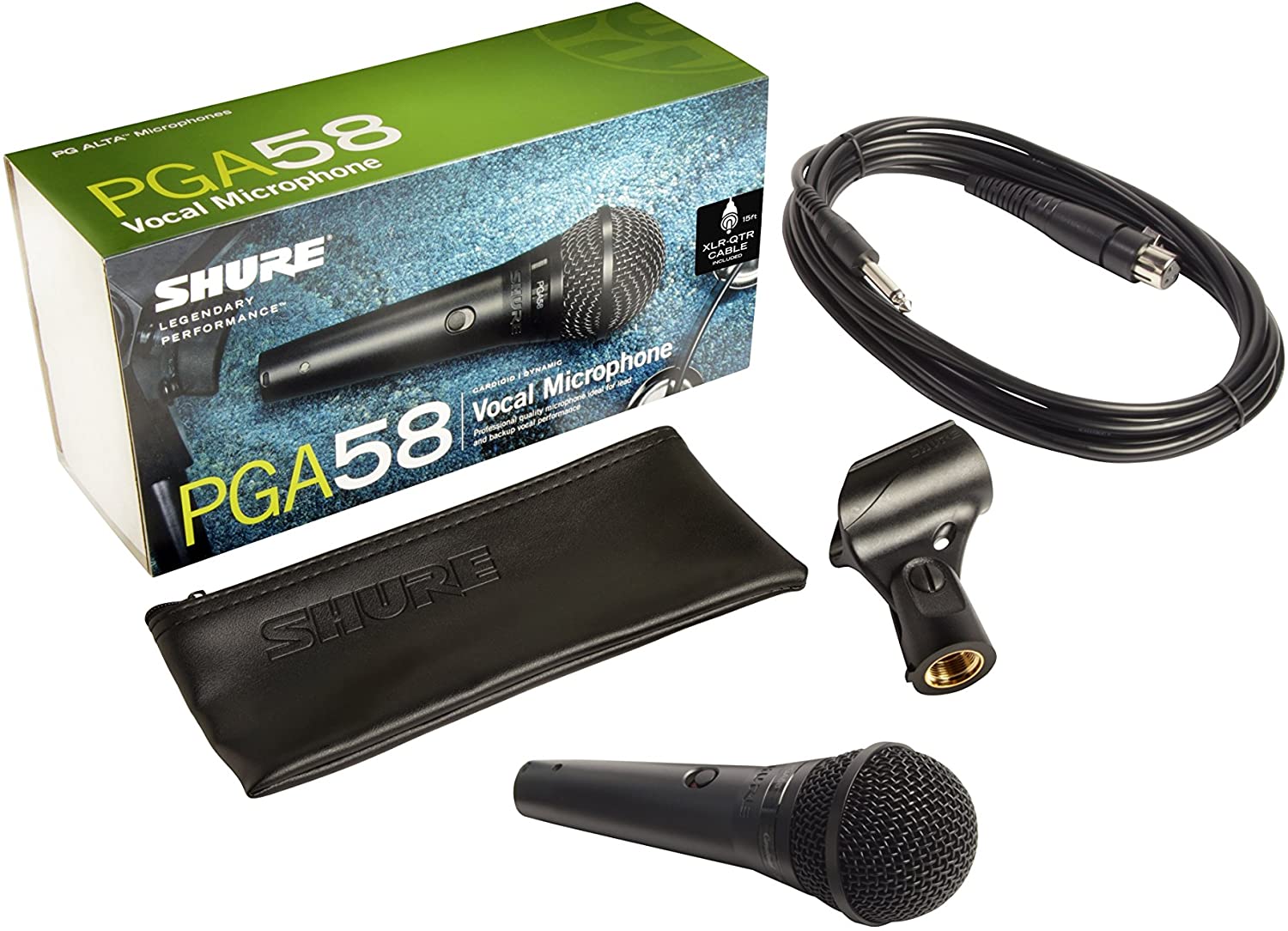 Shure PGA58-QTR Cardioid Dynamic Vocal Microphone with 15' XLR-QTR Cable Black 5.00 x 10.00 x 3.50