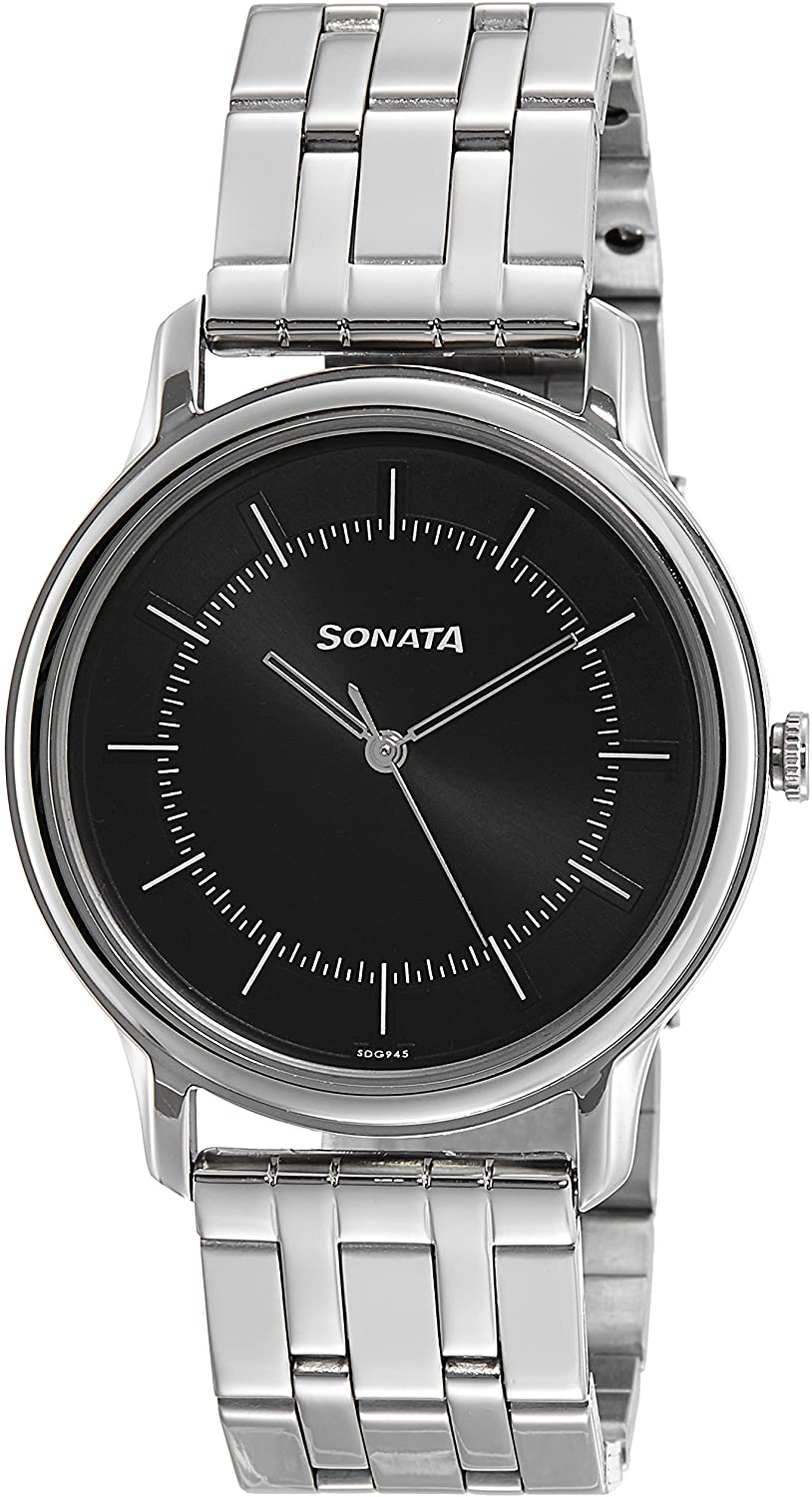 Sonata Sleek Analog Black Men's Watch 7128SM02 | Stainless Steel | Mesh Strap | Water-Resistant | Minimal | Quartz Movement | Lifestyle | Business | Scratch-resistant | Fashionable | Halabh.com