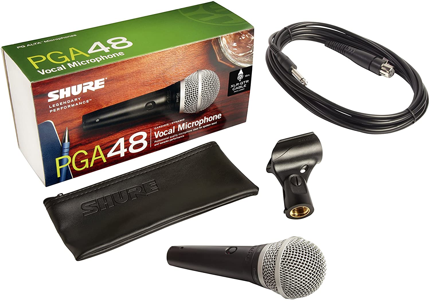 Shure PGA48-QTR Cardioid Dynamic Vocal Microphone with 15' XLR-QTR Cable 5.00 x 10.00 x 3.50