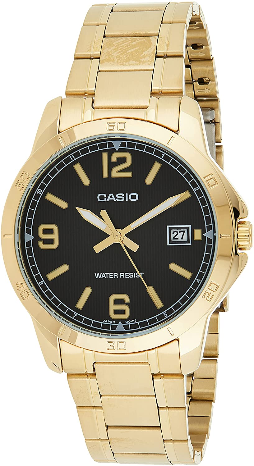 Casio Men's Dress Gold Tone Stainless Steel Black Dial Analog Date Watch