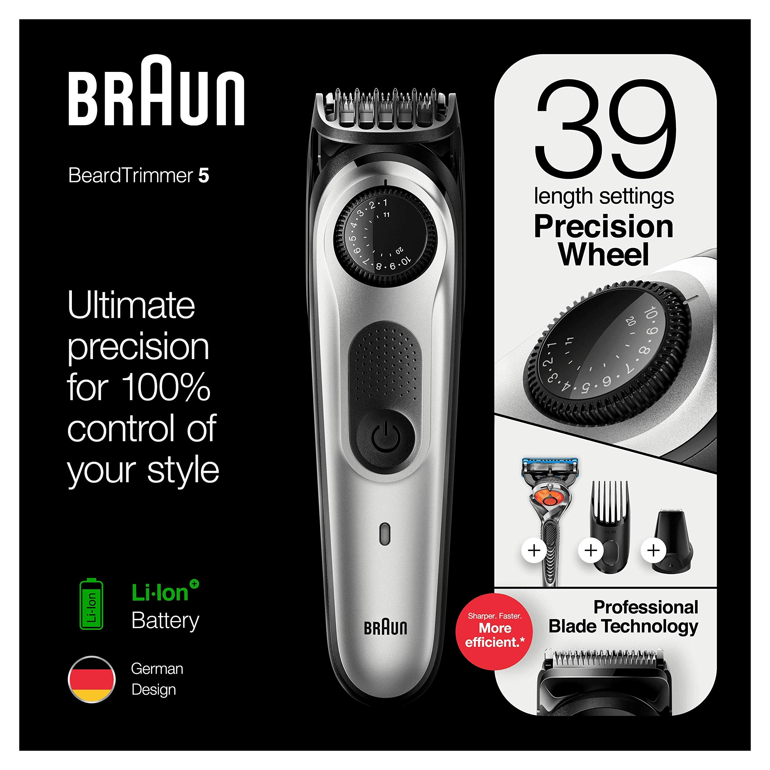 Braun Beard Trimmer BT5260 and Hair Clipper for Men, Lifetime Sharp Blades, 39 Length Settings, Black/Silver Metal, UK Two Pin Plug
