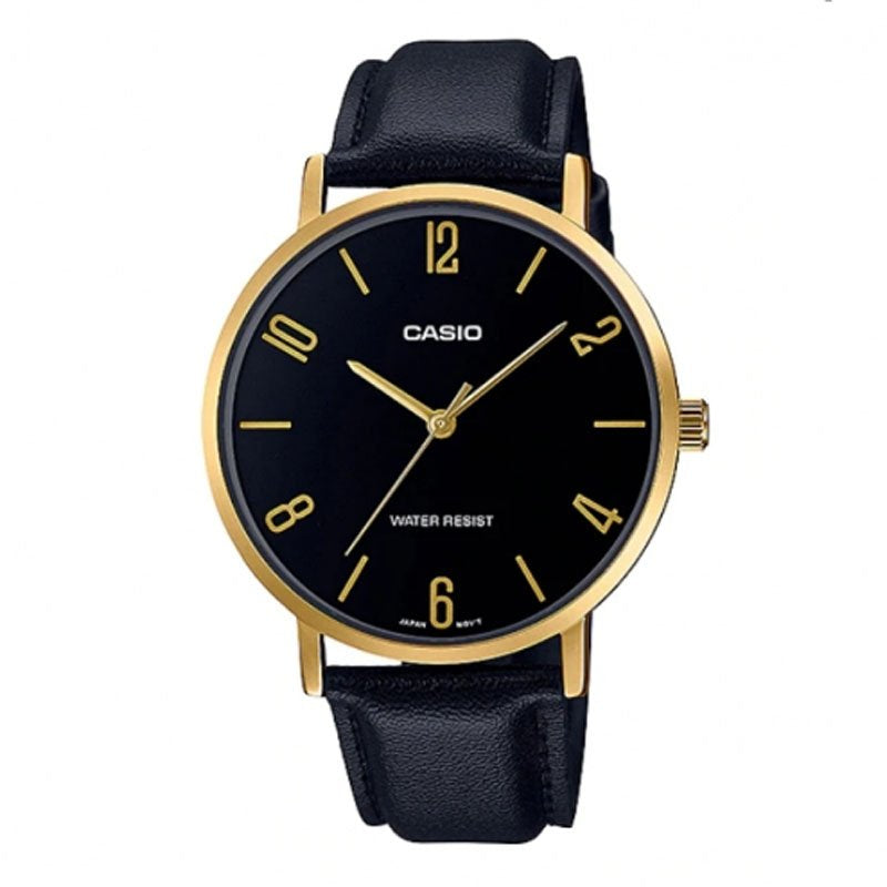 Casio Watch For Men's - MTP-VT01GL-1B2U | Black Leather Band | Water-Resistant | Quartz Movement | Classic Style | Fashionable Lifestyle | Business | Scratch-resistant | Halabh