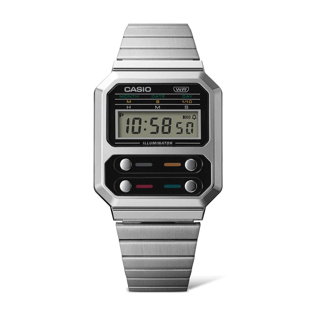 Casio Digital Unisex's Watch A100WE-1ADF | Stainless Steel | Mesh Strap | Water-Resistant | Minimal | Quartz Movement | Lifestyle | Business | Scratch-resistant | Fashionable | Halabh.com