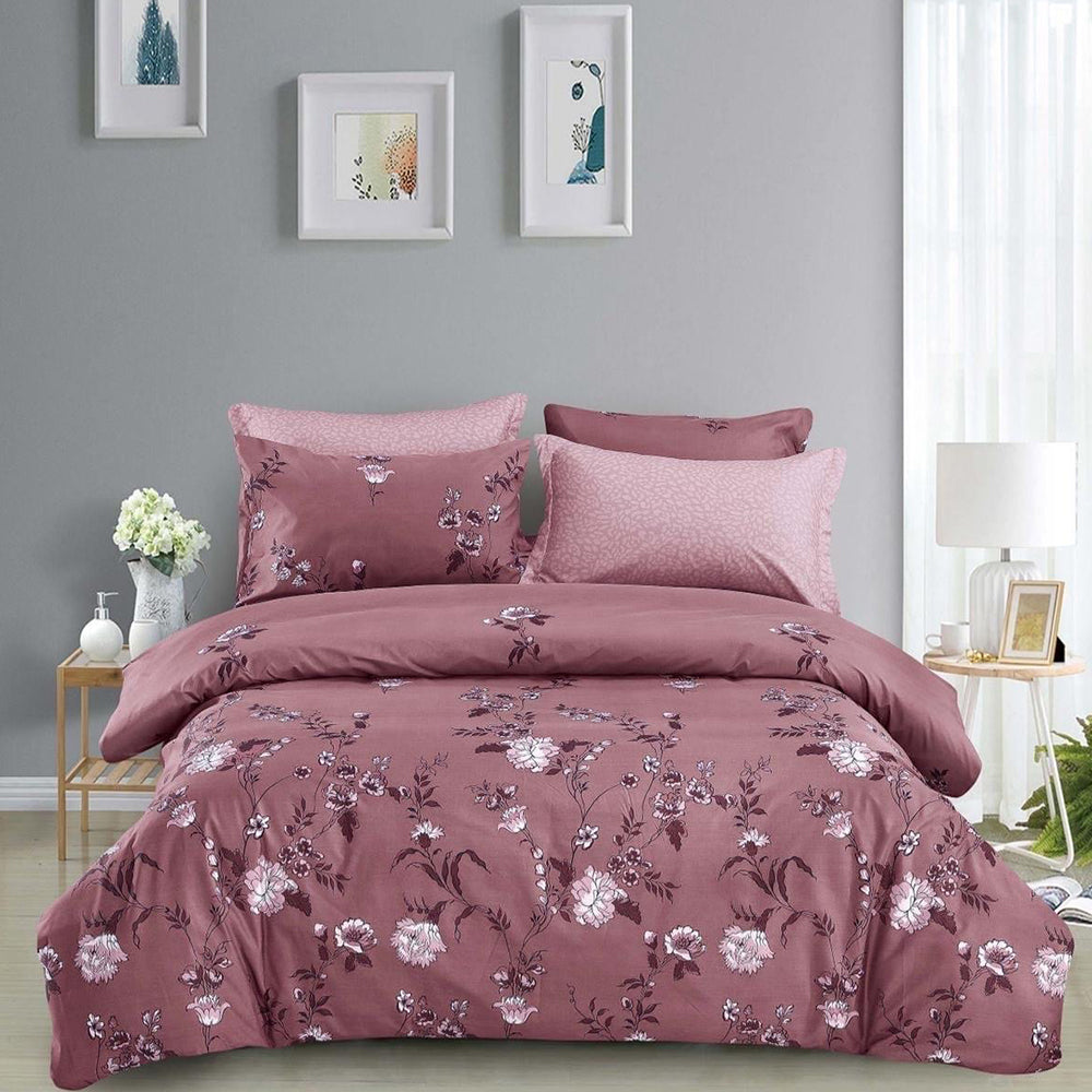 Nature's Secret Maroon Flowers Design King Size Bedsheet Pillowcase Cotton Fabric Duvet Cover Sets