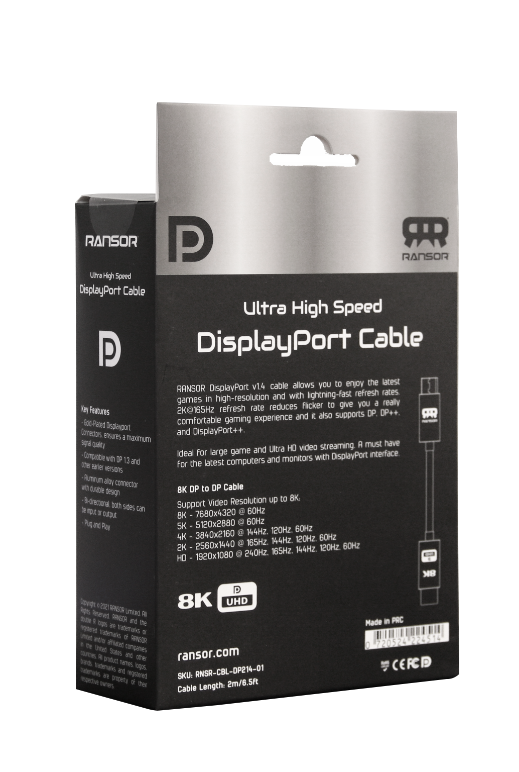 Ransor Ultra High Speed 8K DisplayPort v1.4 2m 6.5ft Cable