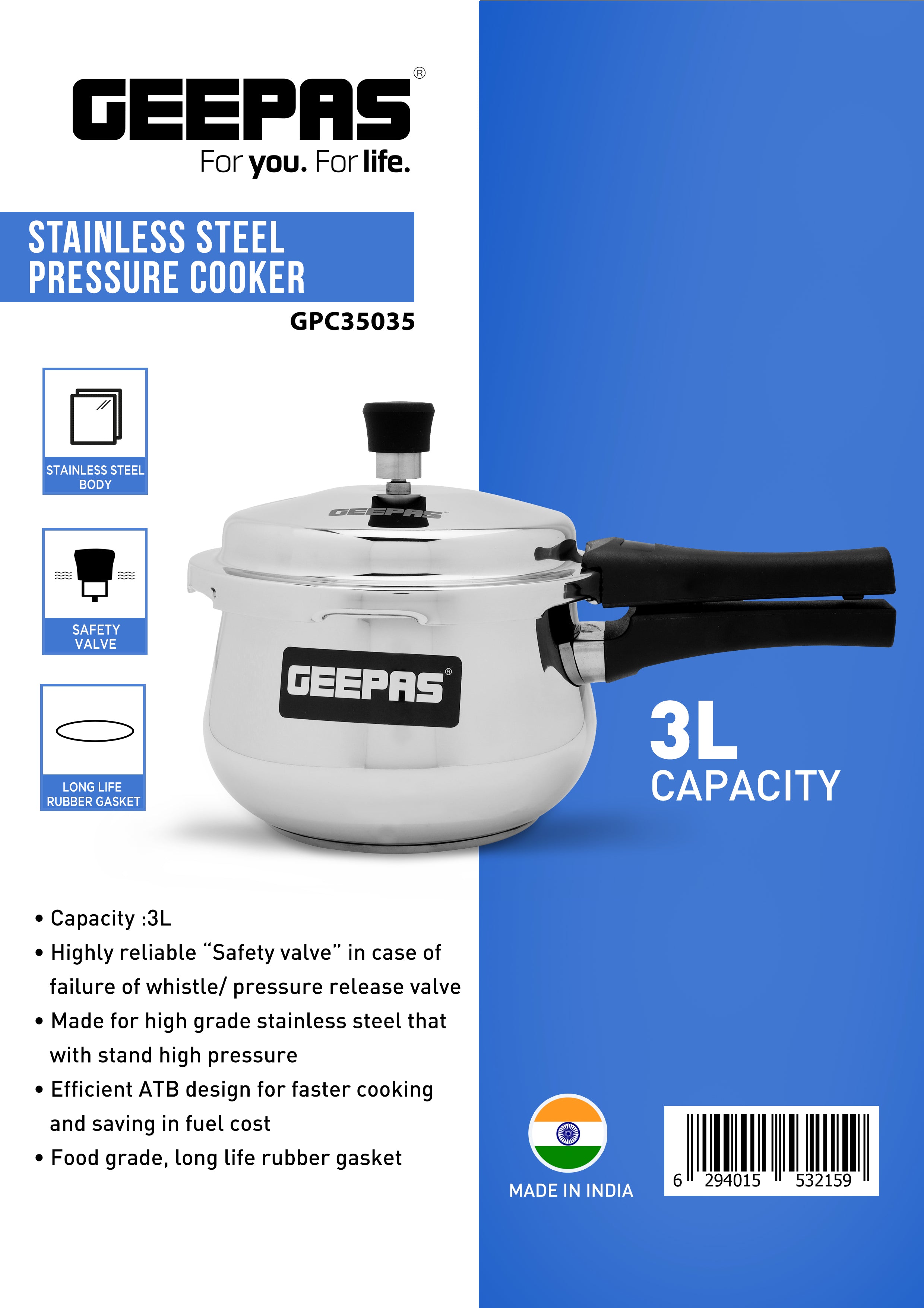 Geepas Tainless Steel Pressure Cooker 3L
