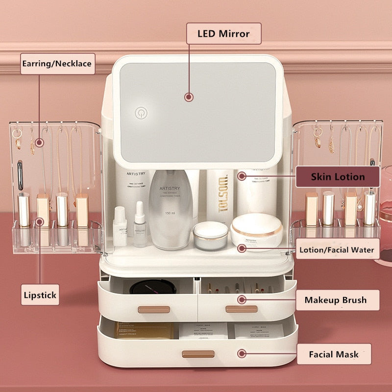 Makeup Organizer Box, Cosmetic Organizer with LED Light Mirror, Jewelry Holder+Lipstick Storage Box
