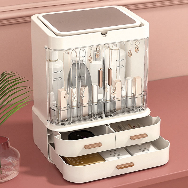 Makeup Organizer Box, Cosmetic Organizer with LED Light Mirror, Jewelry Holder+Lipstick Storage Box
