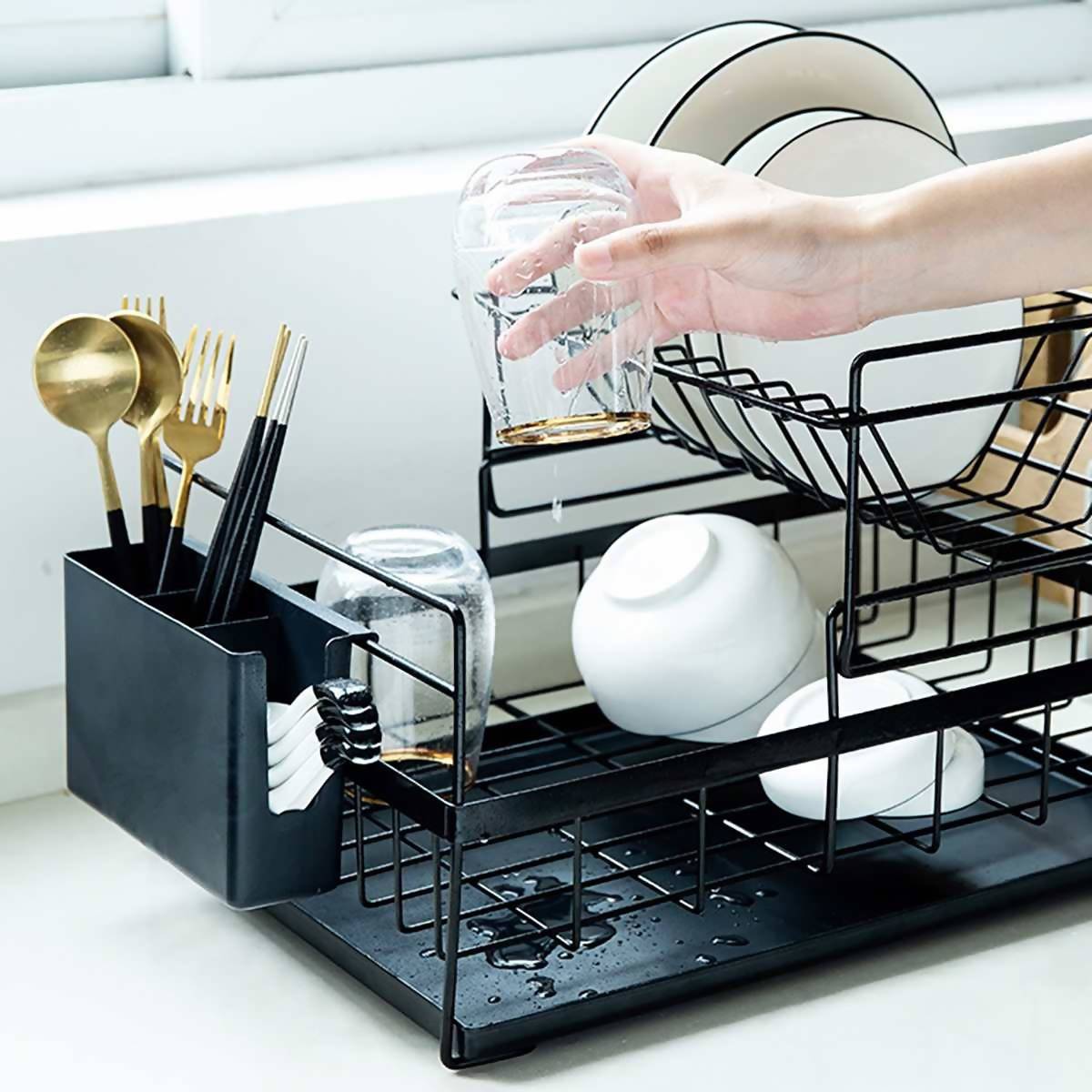 2 Tiers Cutlery Dish Rack Utensil Holder Drainer | Kitchen Appliance | Halabh.com