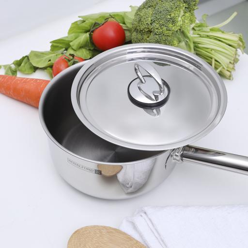 Royalford RF10129 Stainless Steel Saucepan, 3-Layer Extra-Thick Base, 18cm with Lid