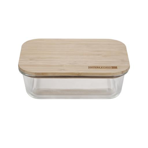 Royalford RF10319 Rectangular Glass Food Container with Bamboo Lid 640ml Capacity
