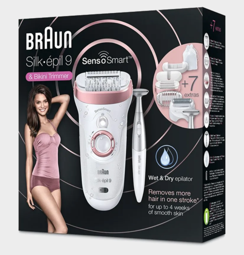 Braun SES 9890,Braun Silk-epil SES 9890 SensoSmart - Wet & Dry epilator with 4 extras incl. trimmer + pouch, White,
