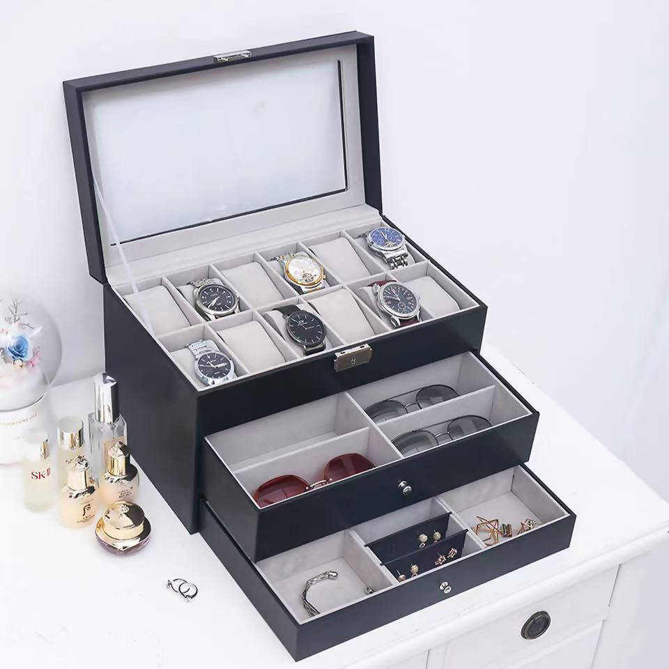 Watch And Accessories Organizer Box Black W-145 | watch storage | box | jewelry box | timepiece storage | luxury accessories | organizational products | elegant design | secure lock | Halabh.com