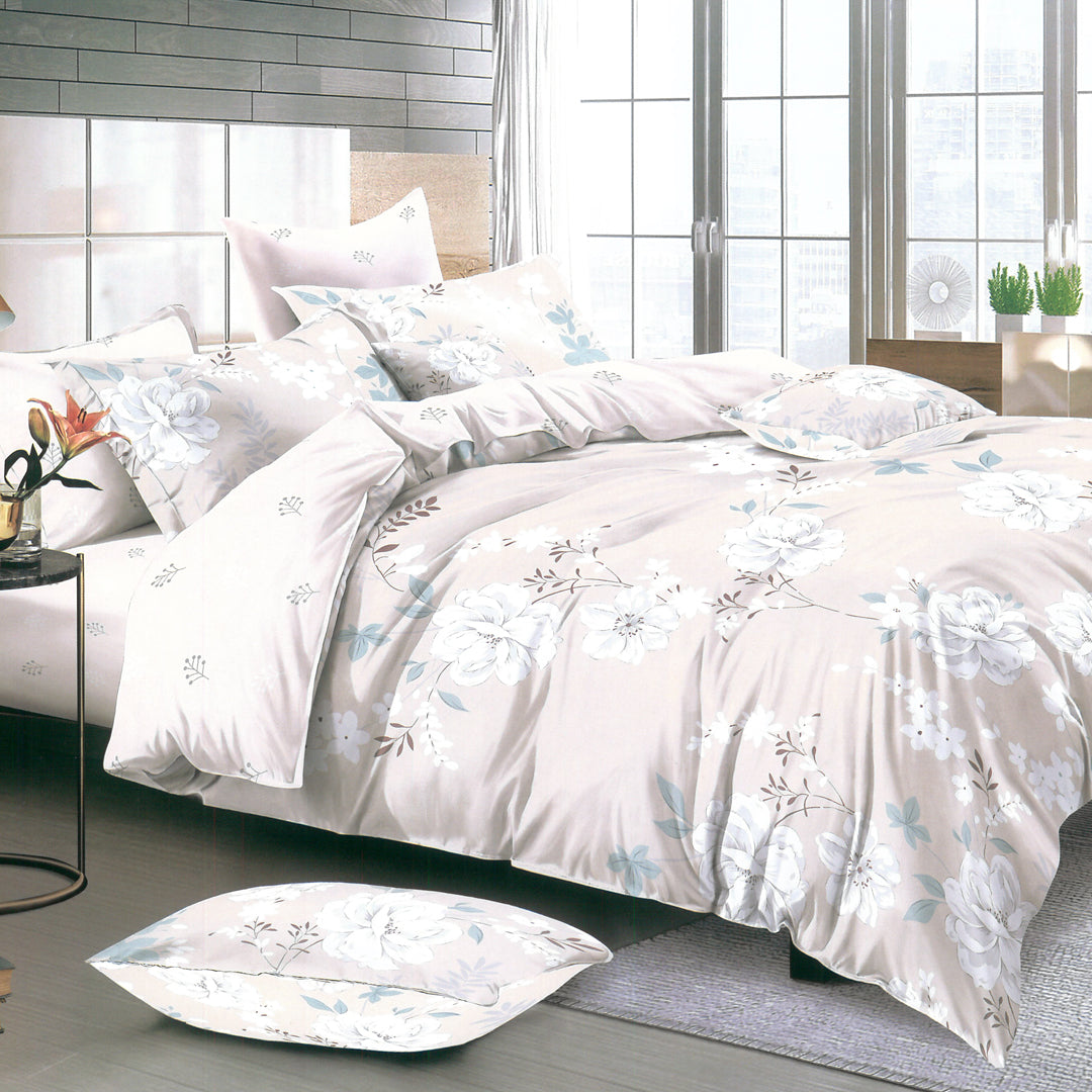 White Floral Calm Nature Gray Design King Size Bedsheet Pillowcase Cotton Fabric Duvet Cover Sets