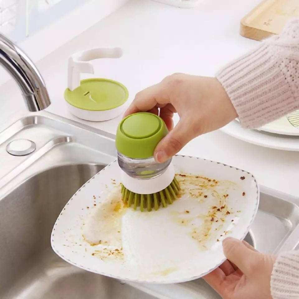 Kitchen Brush Soap Dispensing Palm Brush for Dish Pot Pan Sink Cleaning Mini Scrub Brush with Stand Scrub Brush for Dishe