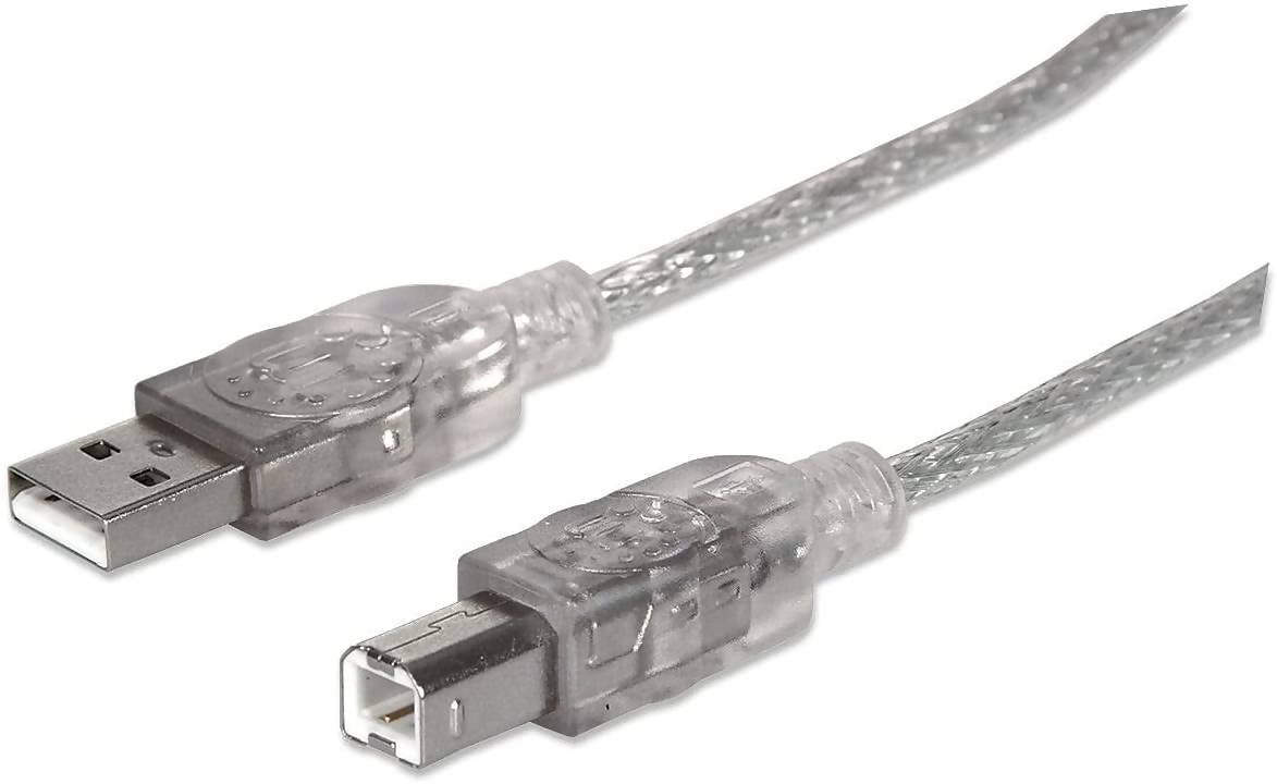 Manhattan A Male/B Male, 1.8m 6 Feet Translucent Silver Hi-Speed USB Device Cable