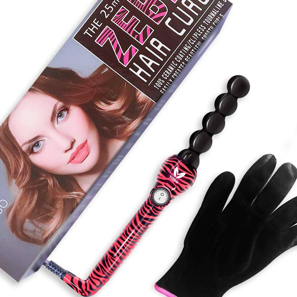 Visso Zebra Hair Curling Iron Clip Less Tourmaline Barrel Pink 25mm