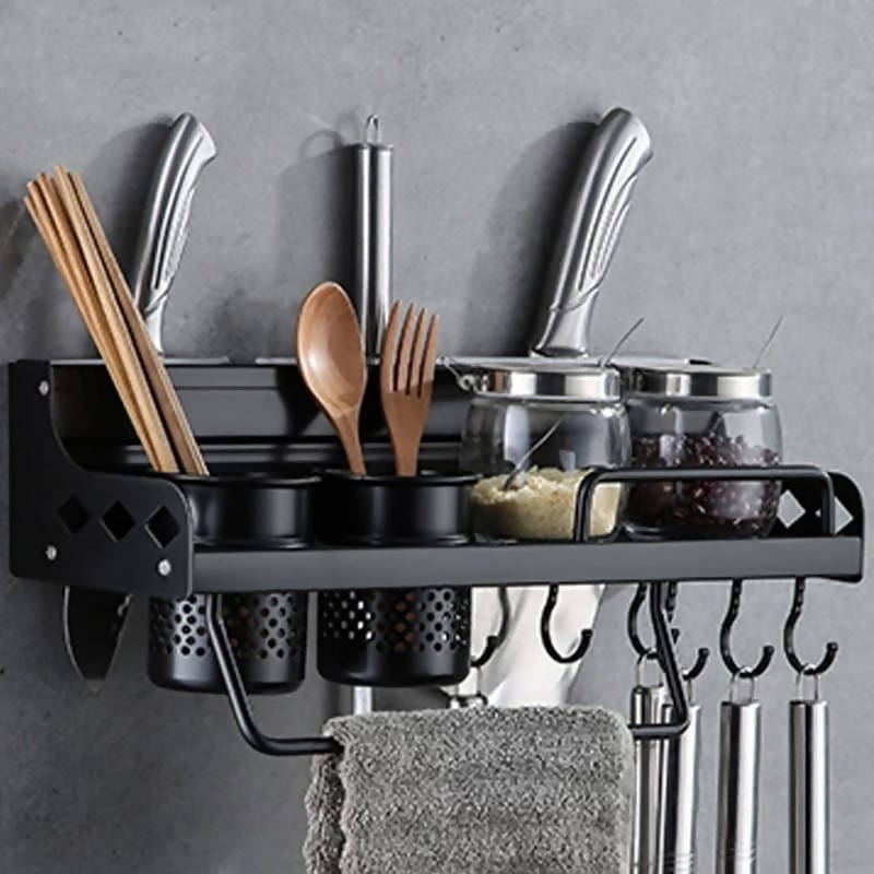 Sapce Alumimum Black Wall Mounted Kitchen Cookware Hanging Shelf Organizer With Hooks Tools Holder