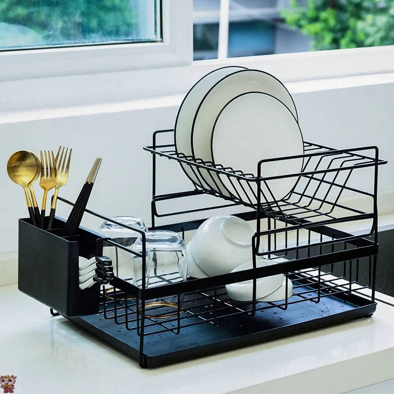 Dish Drying Rack with Drainboard Drainer Kitchen Light Duty Countertop Utensil Organizer Storage for Home Black White 2-Tier