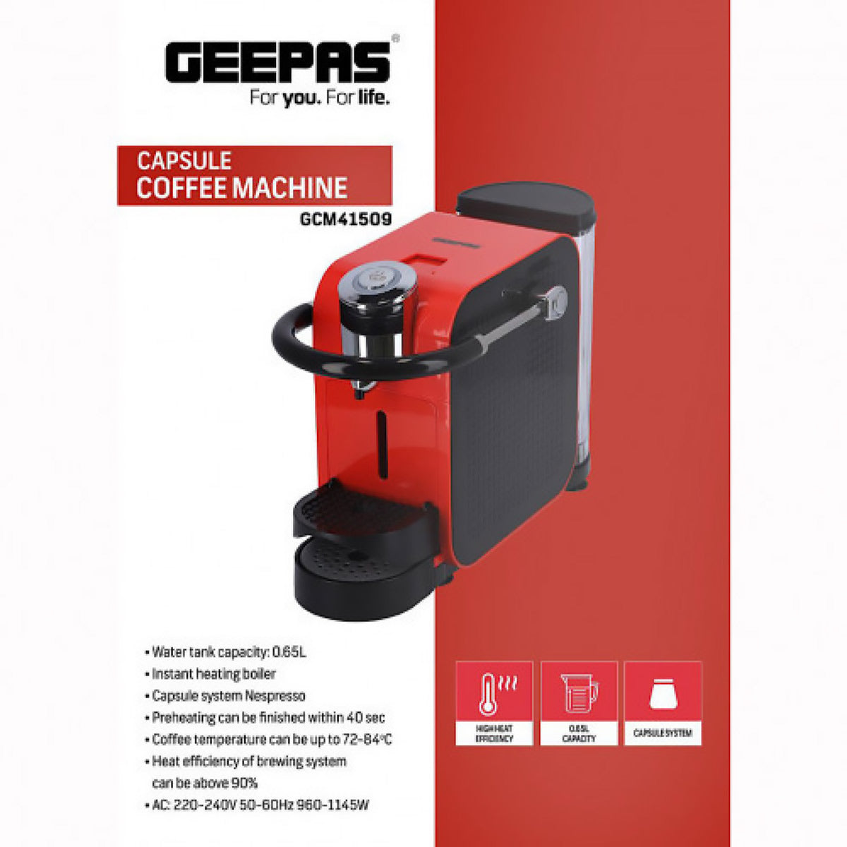Geepas Capsule Coffee Maker 0.65L WaterTank 1x2