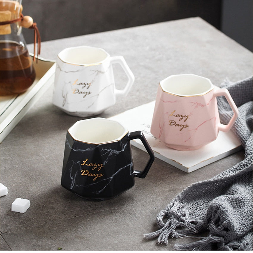 Diamond Marble Ceramic Coffee Mug 430ml Beautiful Gold Trim Tea Mugs