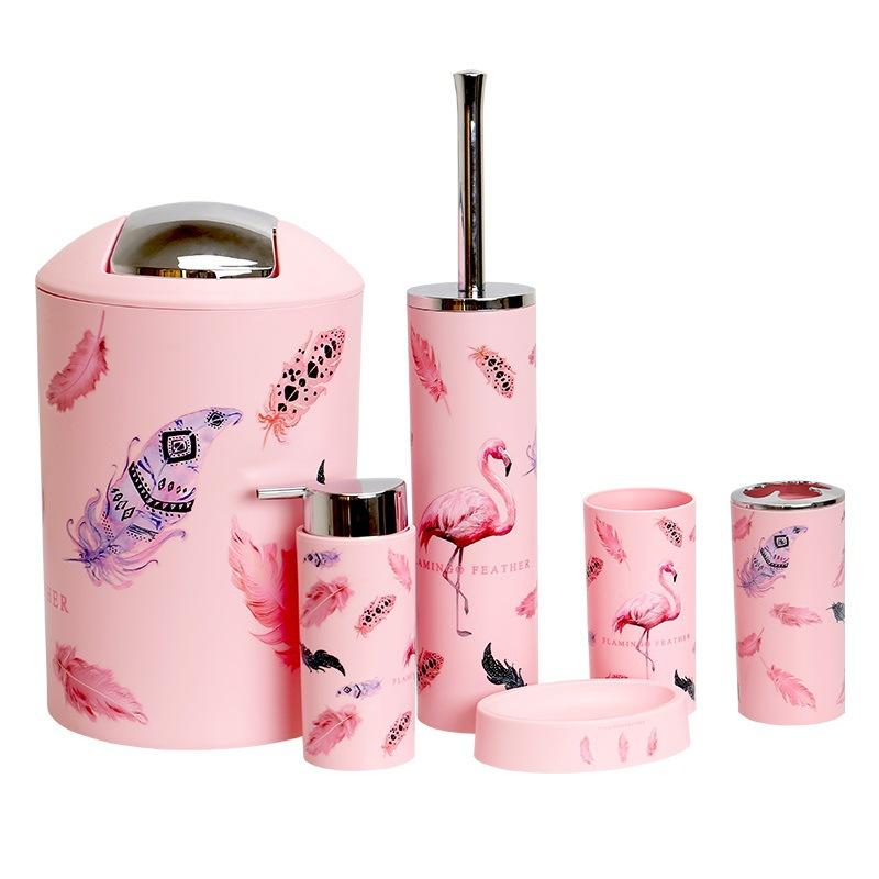 6 Pieces Bathroom Accessories Set Toothbrush Holder Organizer Storage Plastic Pink Flamingo Patter