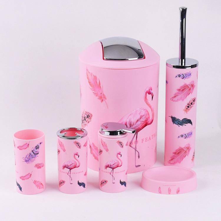 6 Pieces Bathroom Accessories Set Toothbrush Holder Organizer Storage Plastic Pink Flamingo Patter