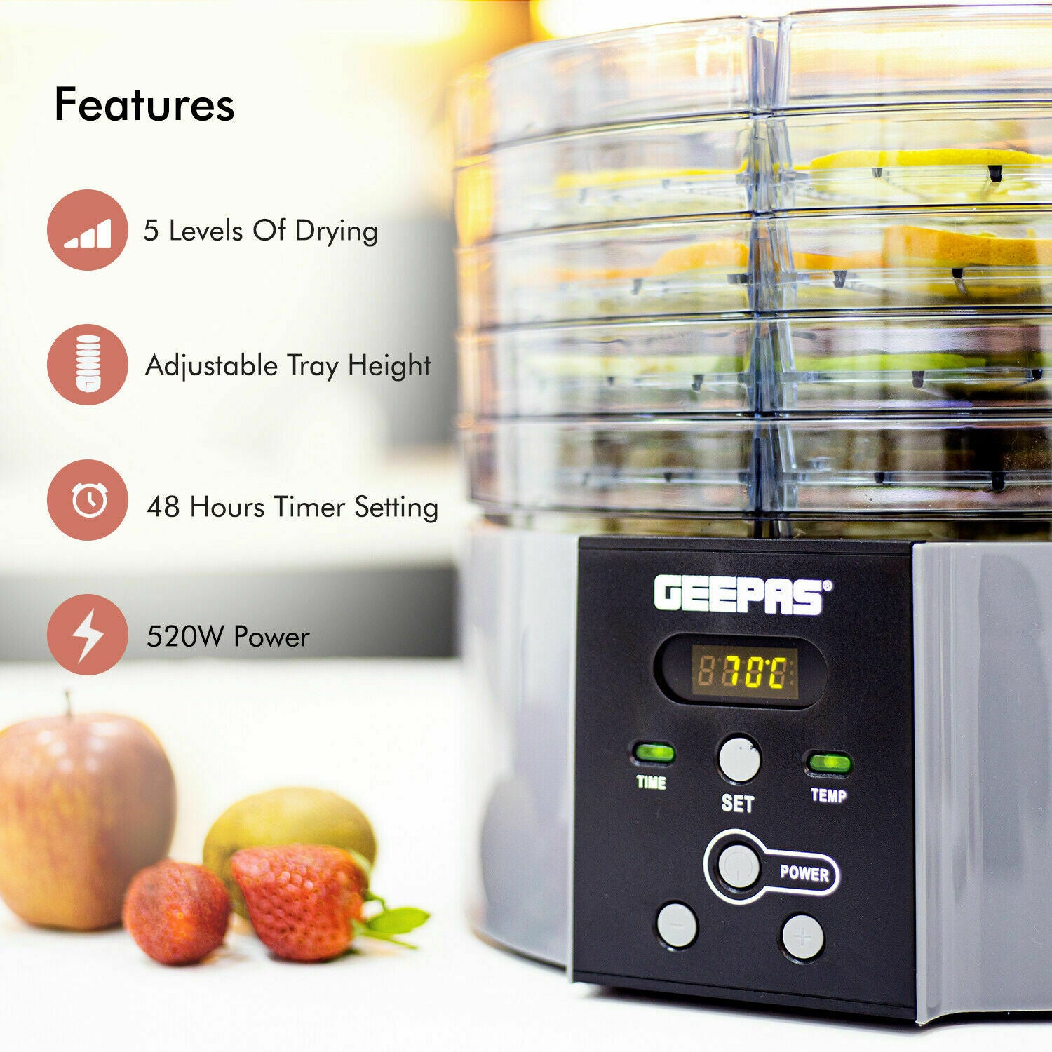 Geepas 520W Digital Food Dehydrator Food Dryer With 5 Large Trays