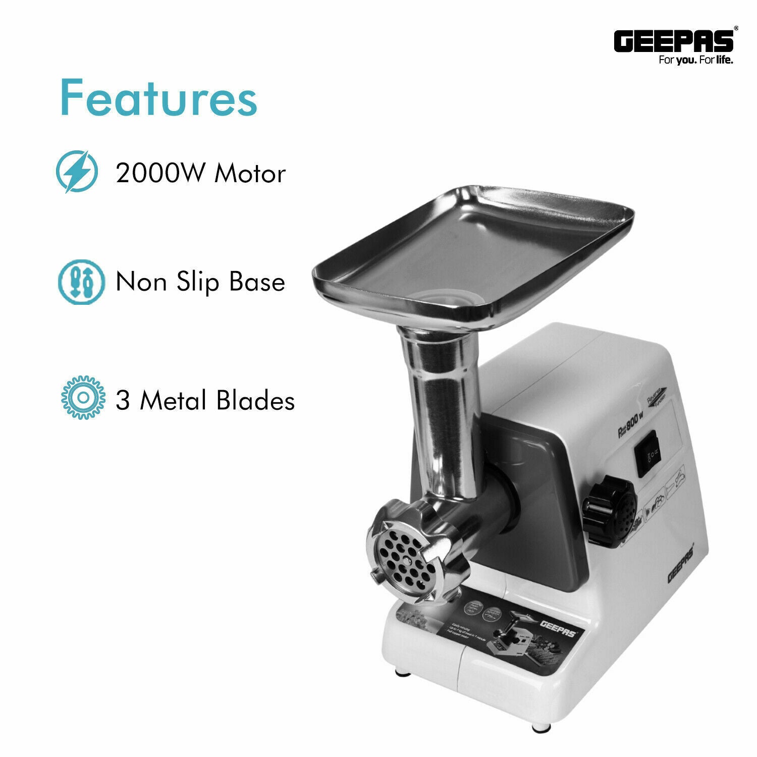 Geepas Meat Grinder Stainless Steel Size Plates 1kg Capacity 2000W