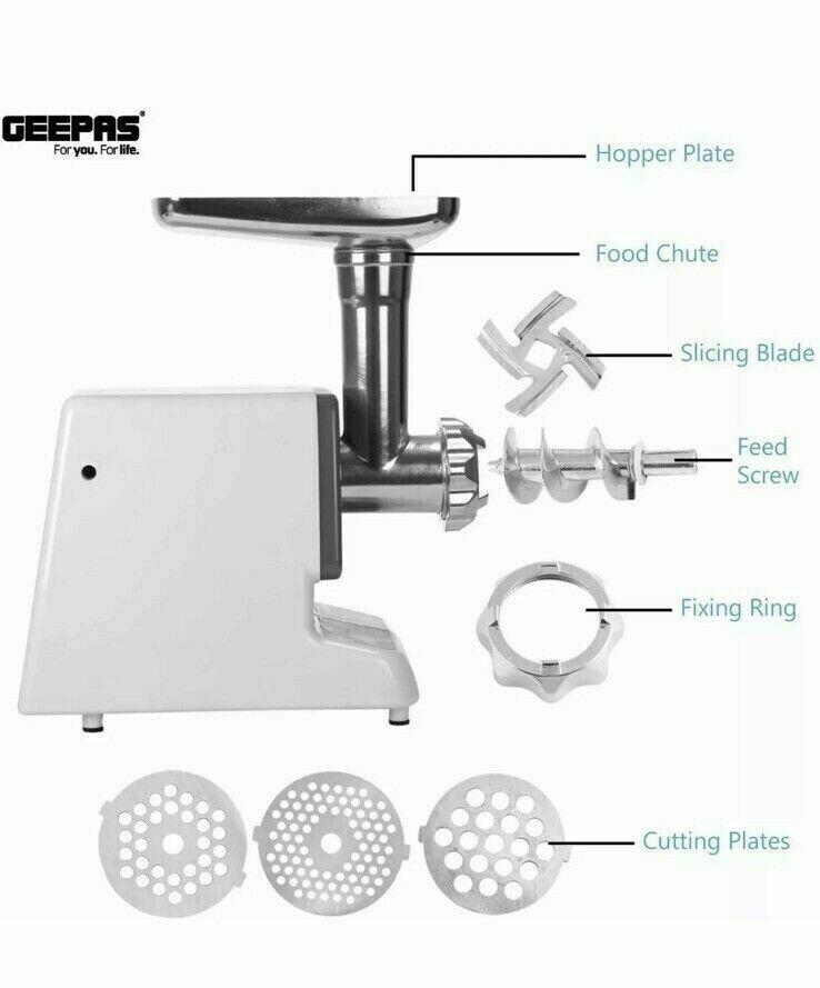 Geepas Meat Grinder Stainless Steel Size Plates 1kg Capacity 2000W