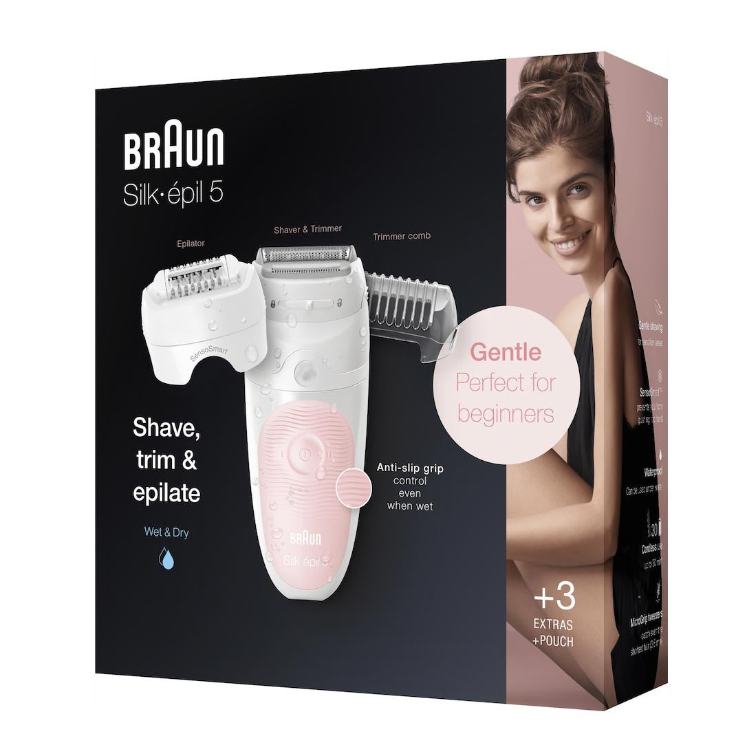 Braun Epilator for Women, Silk-épil 5 for Hair Removal, Wet & Dry, Shaver & Trimmer, Cordless, Rechargeable, SES 5-620 White/Pink