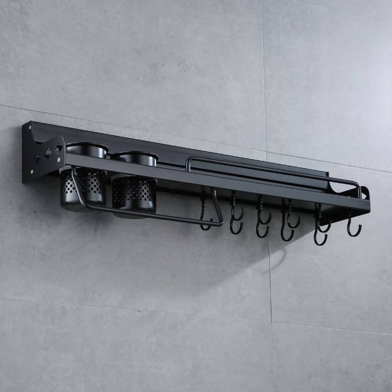 Sapce Alumimum Black Wall Mounted Kitchen Cookware Hanging Shelf Organizer With Hooks Tools Holder